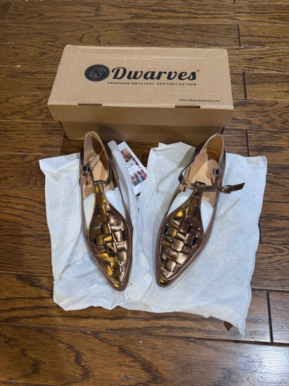 NWT Dwarves Metallic Bronze T strap Woven Flat Shoes size 7 and 7.5